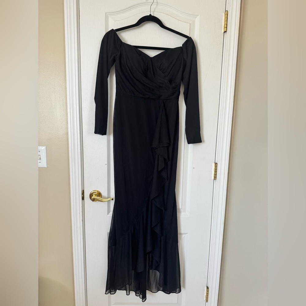 JJ’s House Rubee Black A Line Off the Shoulder Asymmetrical Mesh Dress Size8 NWT